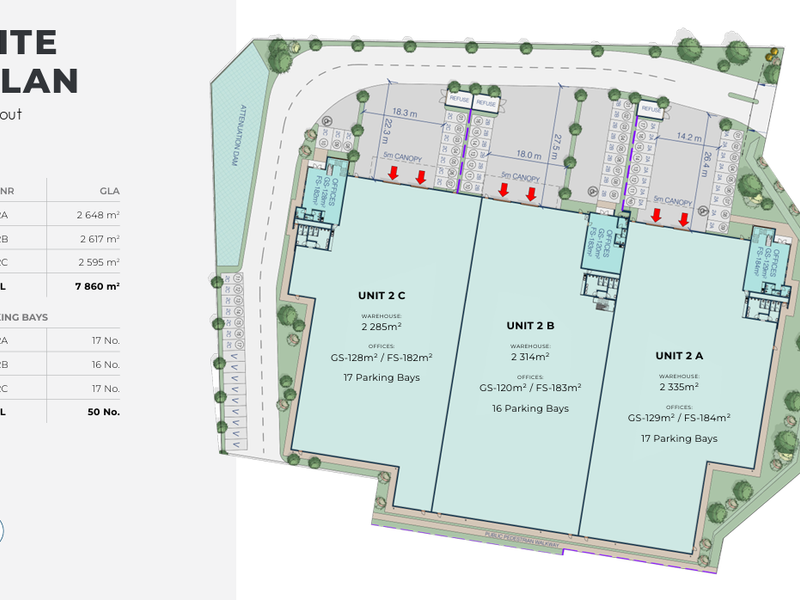 A detailed site plan illustrating the layout of industrial units 2A, 2B, and 2C, including warehouse areas, office spaces, and parking bay allocations.