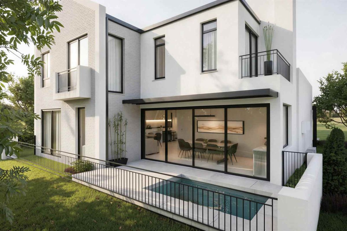 Modern two-story residence featuring a rear patio, plunge pool, black-framed sliding glass doors, and clean white brick facade.