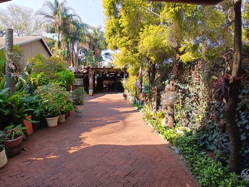 A well-established garden featuring a brick-paved pathway leading through lush greenery, mature trees, and landscaped garden beds.