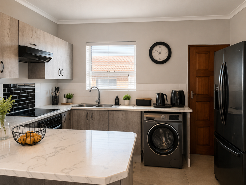 Modern kitchen featuring light wood-grain cabinetry, marble-look countertops, black subway tile backsplash, and integrated laundry appliances.