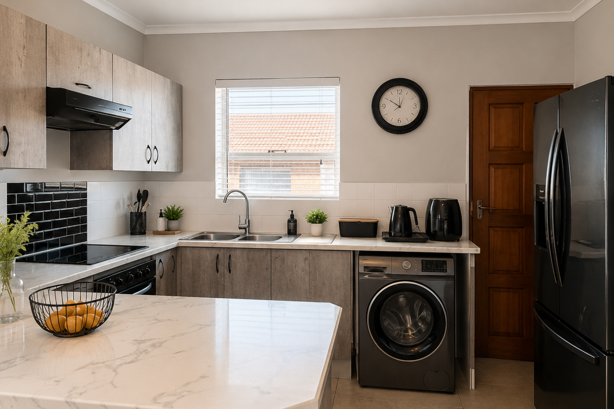 Modern kitchen featuring light wood-grain cabinetry, marble-look countertops, black subway tile backsplash, and integrated laundry appliances.