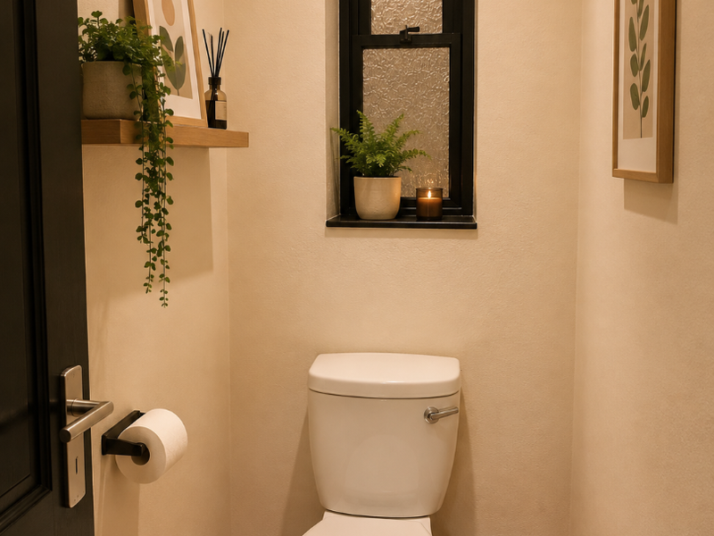 A compact, well-maintained powder room featuring a modern toilet, tiled flooring, and a narrow window with a black frame.