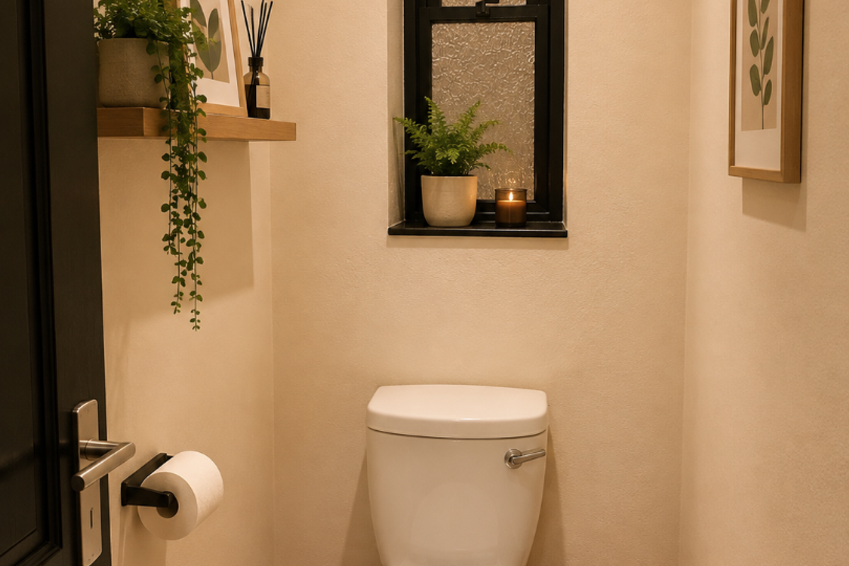 A compact, well-maintained powder room featuring a modern toilet, tiled flooring, and a narrow window with a black frame.