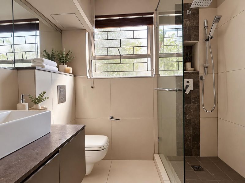 Modern bathroom featuring a vessel sink, wall-mounted toilet, and a glass-enclosed walk-in shower with a rain shower head and recessed niche.