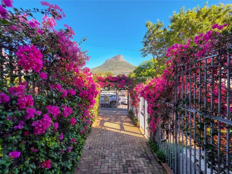 A charming front entrance pathway featuring paved brickwork, secure metal fencing, and vibrant bougainvillea, offering a scenic view of Lion's Head mountain.