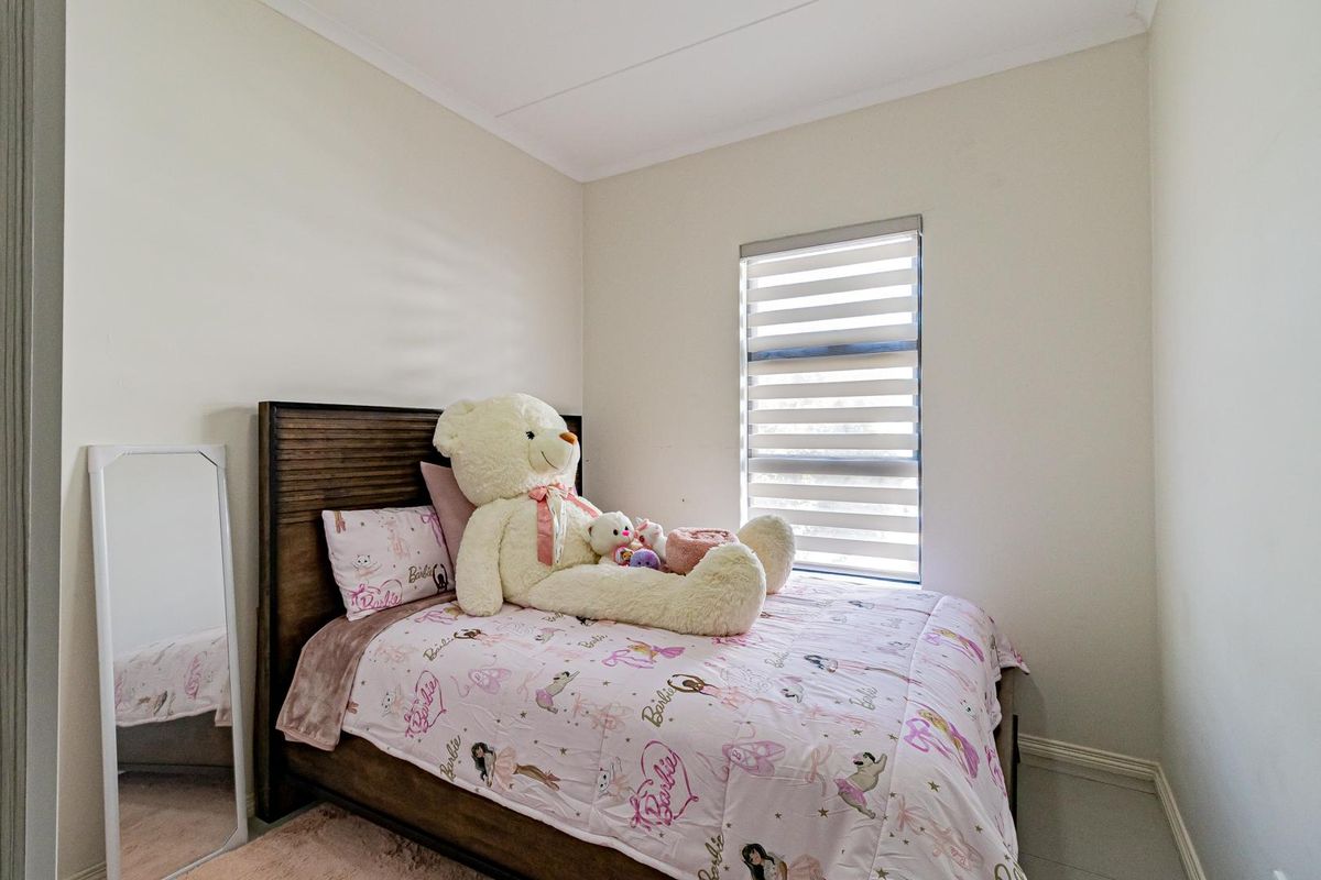 A well-maintained bedroom featuring neutral walls, coving, and a modern roller blind on the window.