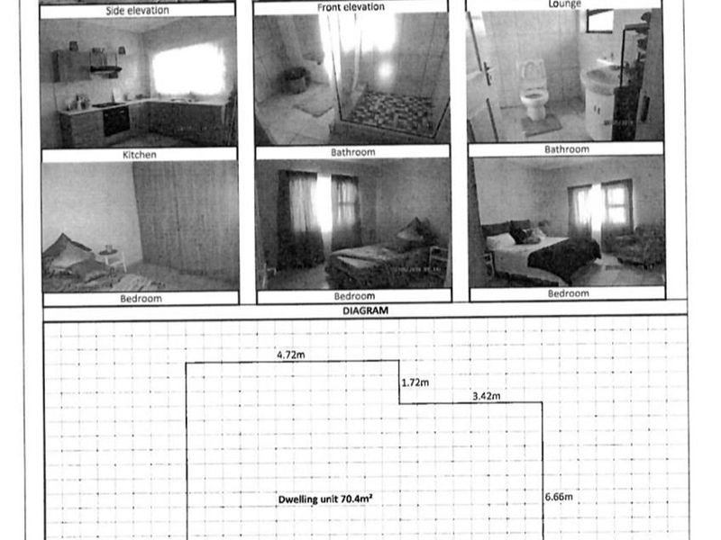 A property portfolio document containing multiple small photographs of the dwelling's interior and exterior, alongside a basic floor plan diagram.
