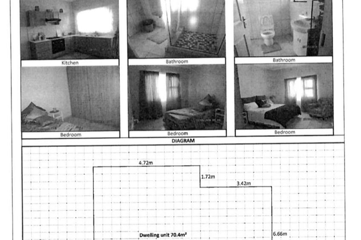 A property portfolio document containing multiple small photographs of the dwelling's interior and exterior, alongside a basic floor plan diagram.