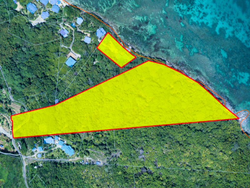 Aerial view of a vacant commercial land parcel highlighted in yellow, featuring direct coastal access and surrounding natural vegetation.