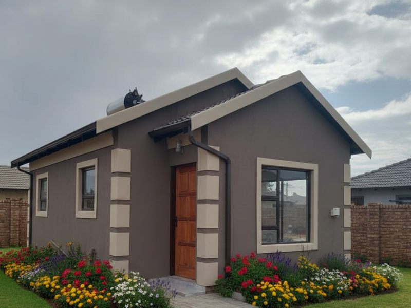 A well-maintained modern house exterior featuring a tiled roof, solar water heater, and neatly landscaped flower beds surrounding the entrance.