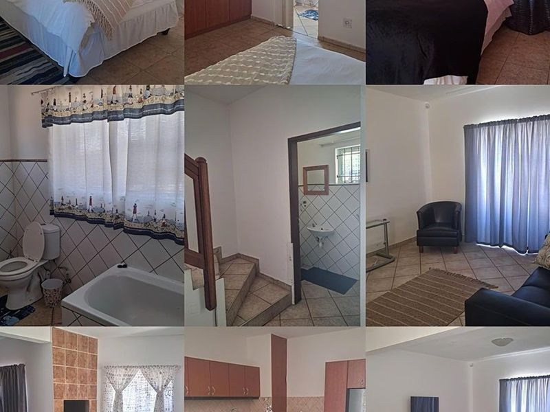A collage of various interior spaces within the apartment, including bedrooms, a bathroom, a kitchen, and living areas.