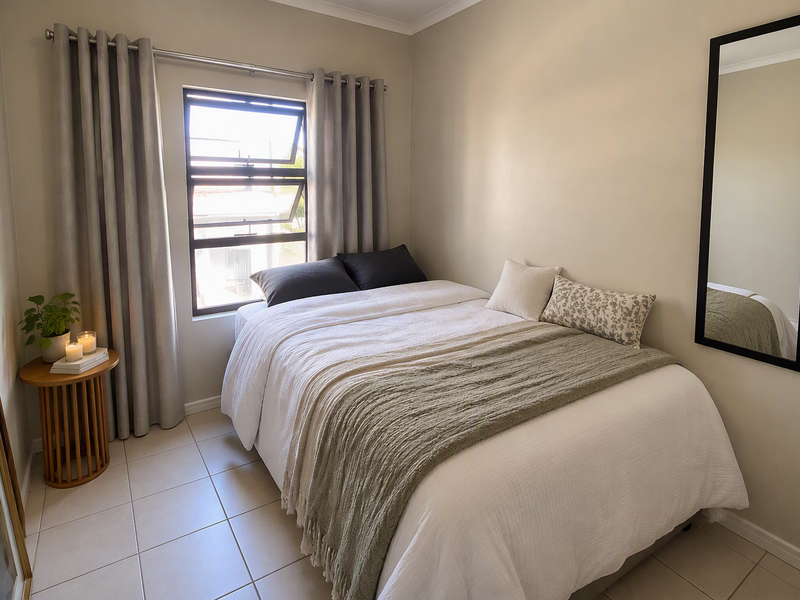 A well-maintained bedroom featuring neutral wall tones, tiled flooring, and a functional top-hung window with curtain fixtures.