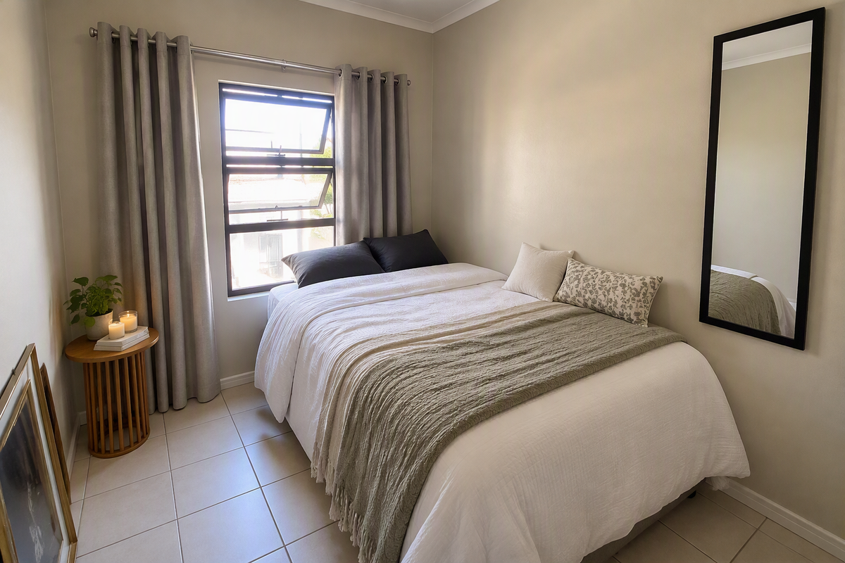 A well-maintained bedroom featuring neutral wall tones, tiled flooring, and a functional top-hung window with curtain fixtures.