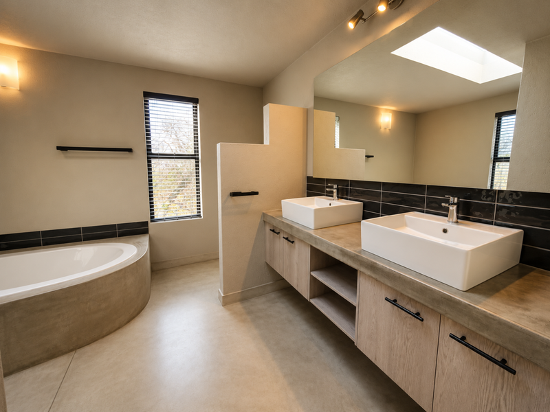 Modern bathroom featuring a double vanity with vessel sinks, a built-in bathtub, and a skylight, finished with contemporary cabinetry and sleek tiling.