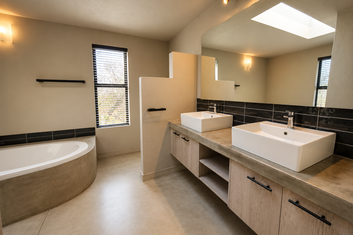 Modern bathroom featuring a double vanity with vessel sinks, a built-in bathtub, and a skylight, finished with contemporary cabinetry and sleek tiling.