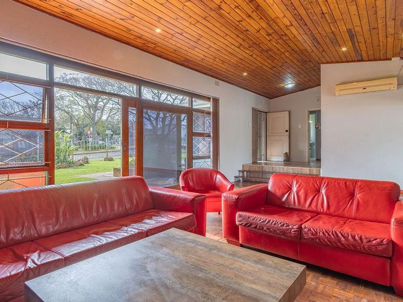 Spacious living room featuring a warm timber-clad ceiling, parquet flooring, and large sliding doors that provide ample natural light and garden access.