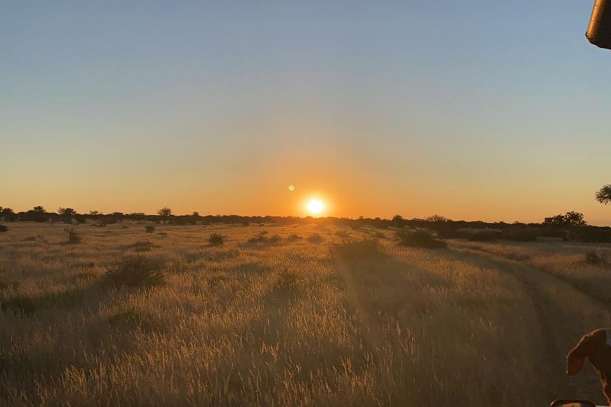 A scenic sunset view over the expansive open grasslands of the farm property.