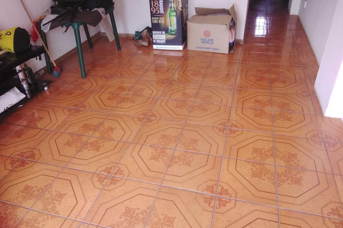 A living area featuring patterned ceramic floor tiles, leading into a hallway space.