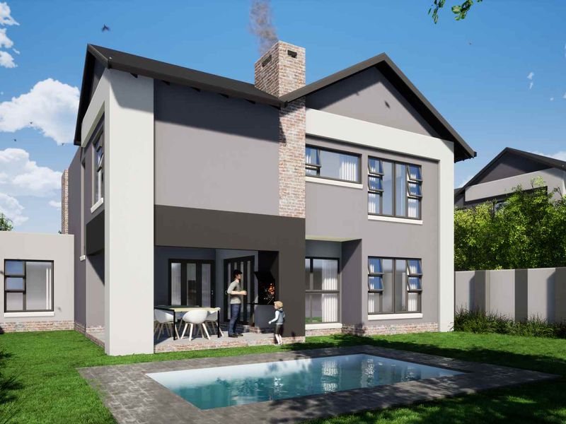 Rear view of a modern double-storey cluster home featuring a private swimming pool, covered patio area, and a brick chimney stack.