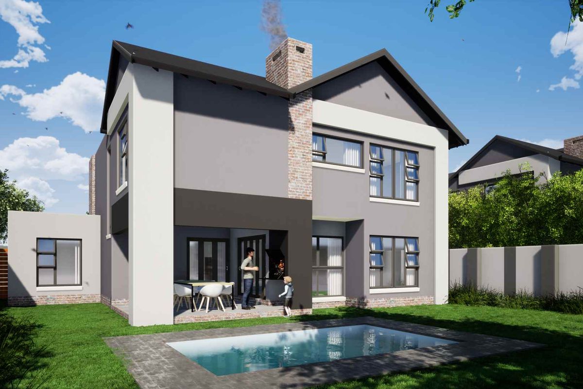 Rear view of a modern double-storey cluster home featuring a private swimming pool, covered patio area, and a brick chimney stack.