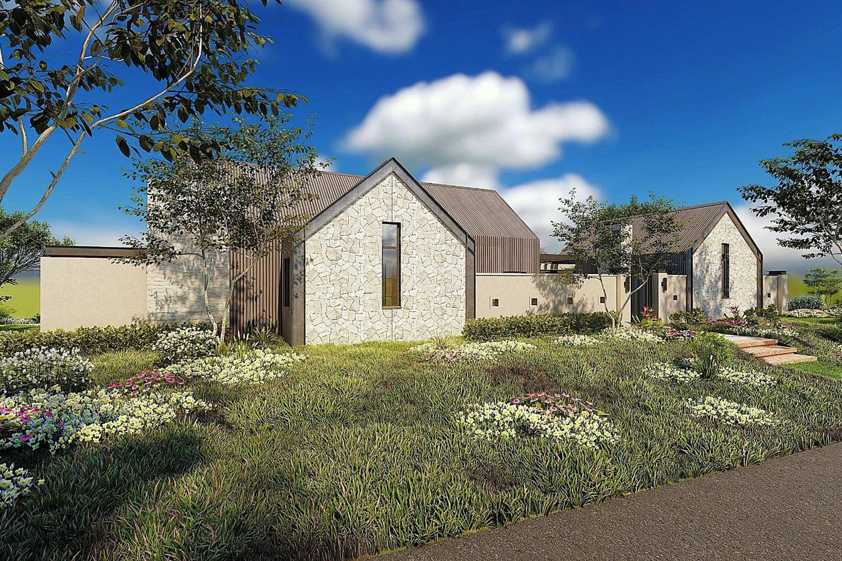 A high-quality architectural rendering of a modern residential property featuring stone cladding, pitched roofs, and landscaped garden surroundings.
