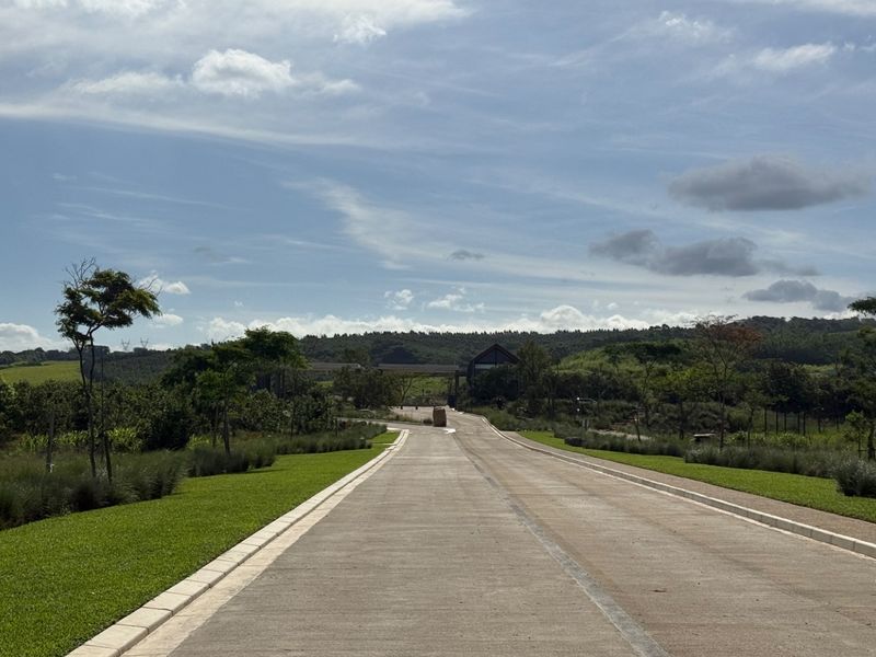 A well-maintained paved residential street with manicured grass verges and concrete curbing, leading towards a distant estate entrance.