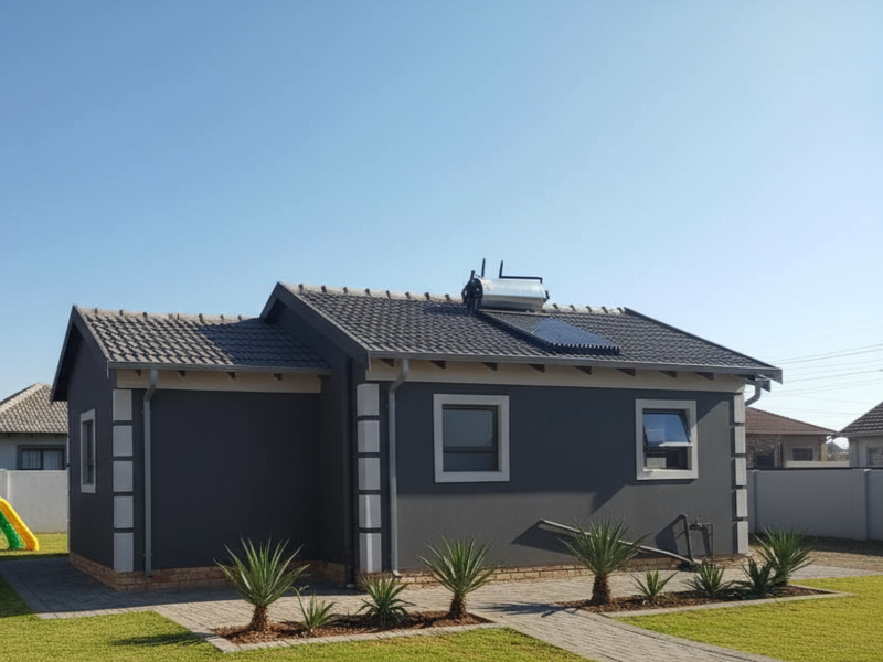 A well-maintained rear exterior view of a modern house featuring a tiled roof, solar water heating system, and neat paved landscaping.