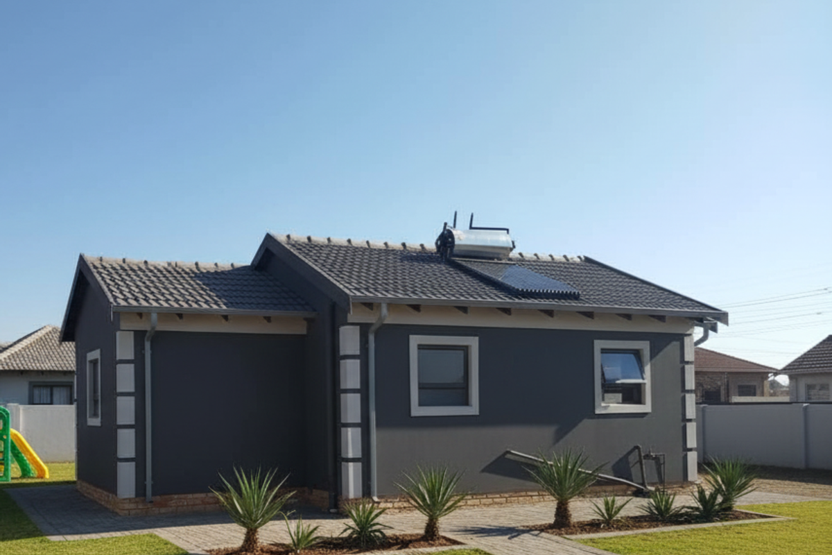 A well-maintained rear exterior view of a modern house featuring a tiled roof, solar water heating system, and neat paved landscaping.