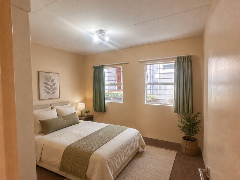 A well-lit bedroom featuring carpeted flooring, dual windows with security bars, and a neutral color palette.