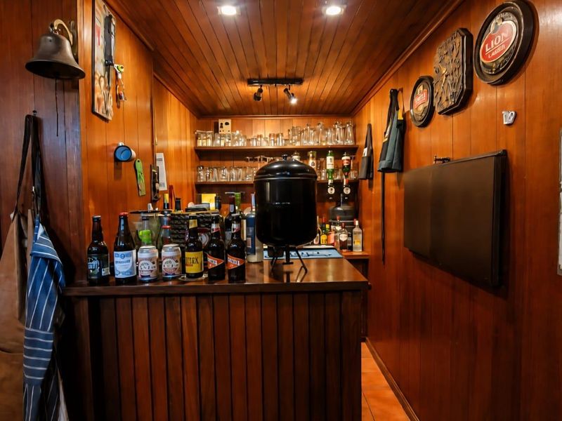 A dedicated home bar area featuring extensive timber wall and ceiling paneling, built-in counter space, and integrated shelving for glassware and beverage storage.