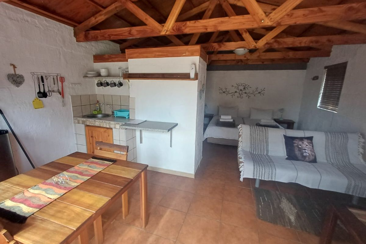 Open-plan living area featuring exposed timber roof trusses, tiled flooring, and a functional kitchenette with a sink and tiled backsplash.