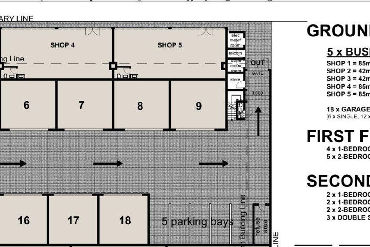 Architectural floor plan showing the ground floor layout, including five business shop spaces, eighteen garages, and designated parking bays for the apartment complex.