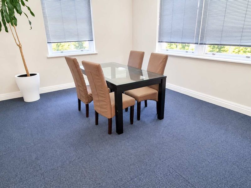 A bright, professional office space featuring blue carpet flooring, neutral walls, and large windows with fitted venetian blinds.