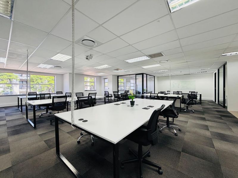 A spacious, modern open-plan office area featuring suspended ceilings, recessed lighting, carpeted flooring, and glass partitioning for a professional workspace environment.