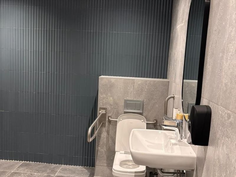 A modern, accessible bathroom featuring high-quality grey tiled finishes, a wall-mounted basin, and a wall-mounted toilet with safety grab rails.