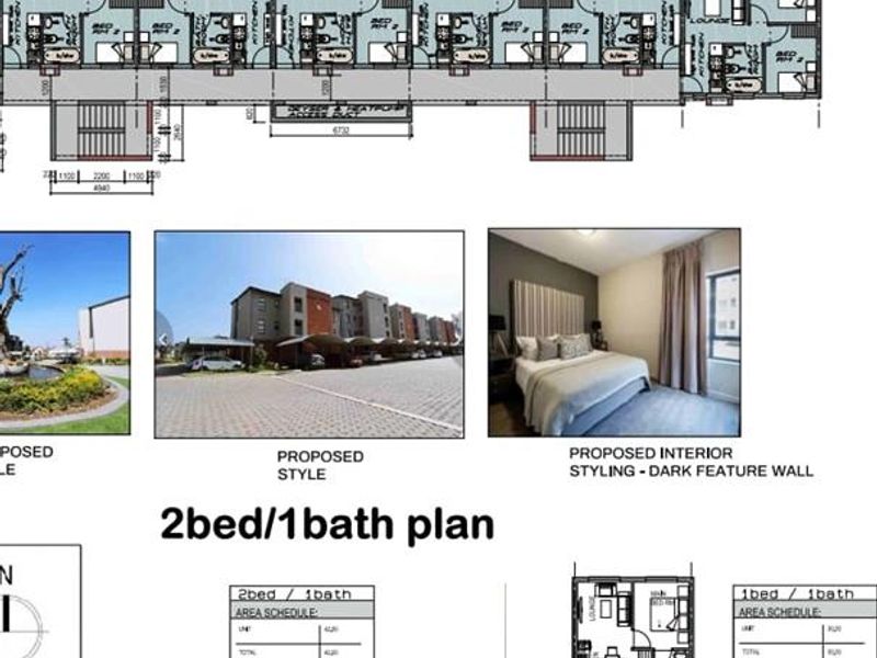 A digital screenshot showing architectural floor plans, site layouts, and proposed interior styling concepts for a residential development project.