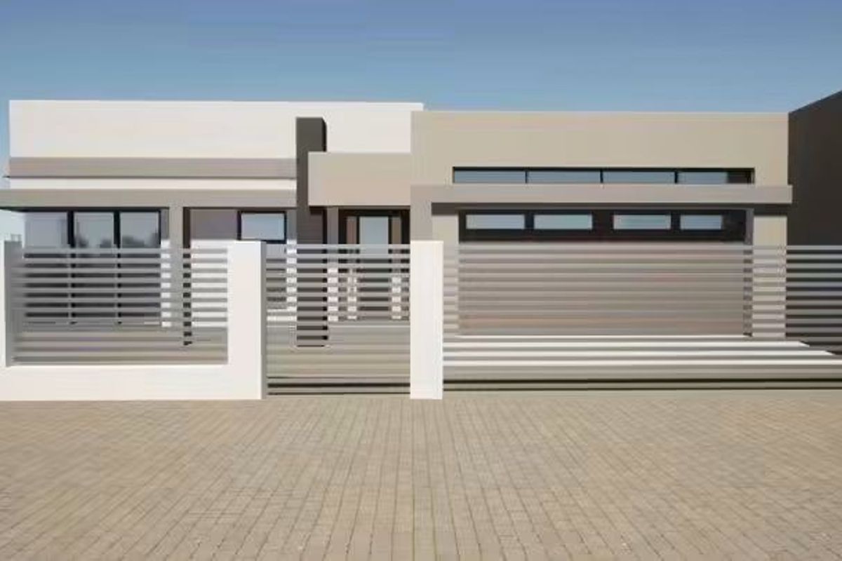 A modern single-story residential facade featuring clean lines, a paved driveway, and contemporary horizontal slat fencing.