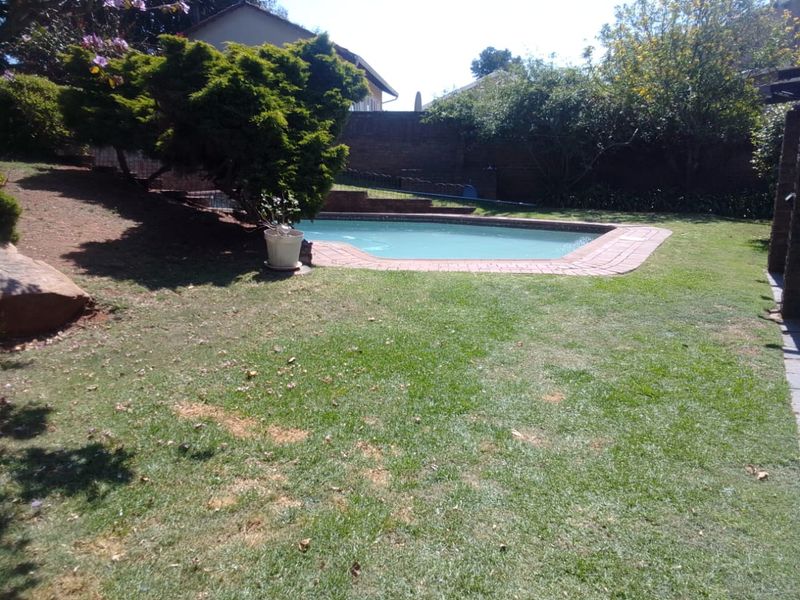 A private backyard featuring a swimming pool with brick coping, surrounded by a lawn and established garden boundary walls.