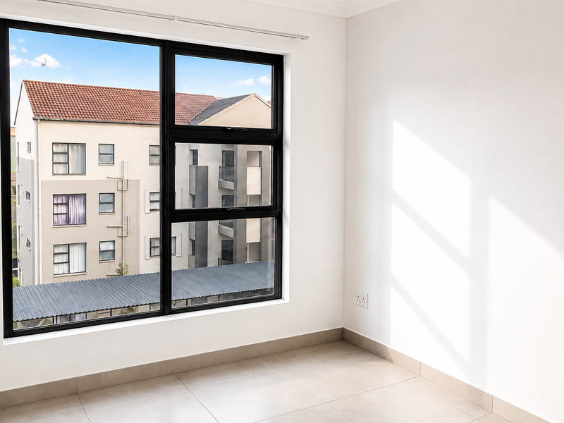 A bright, empty bedroom featuring neutral tiled flooring, clean white walls, and a large black aluminium window overlooking the surrounding apartment complex.