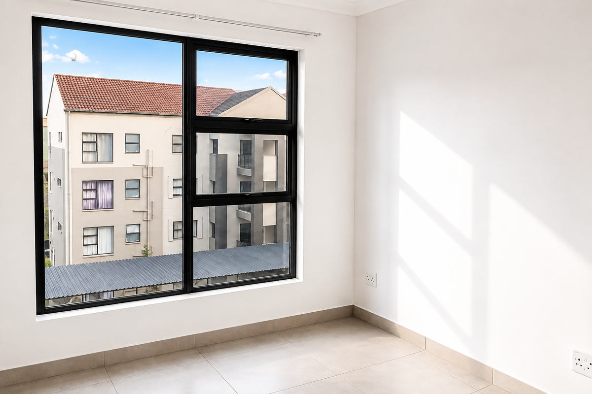 A bright, empty bedroom featuring neutral tiled flooring, clean white walls, and a large black aluminium window overlooking the surrounding apartment complex.