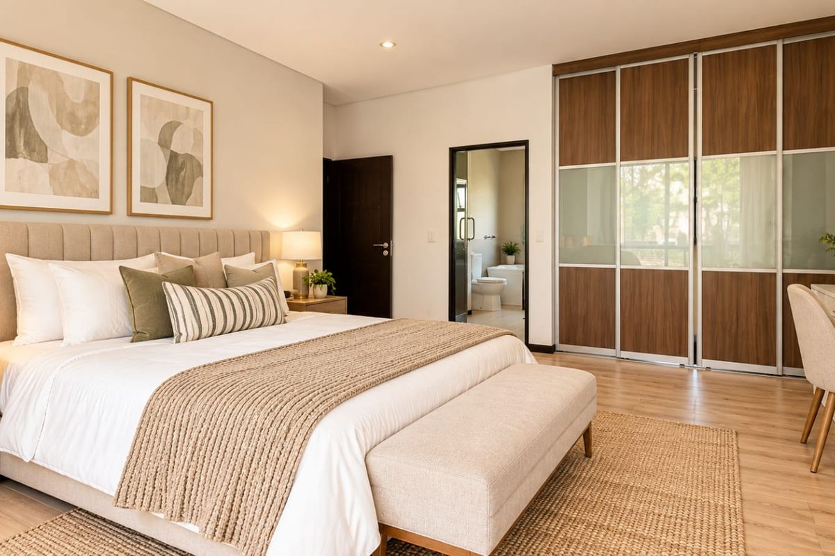 A well-appointed bedroom featuring modern laminate flooring, recessed lighting, and a large built-in sliding door wardrobe with direct access to an en-suite bathroom.
