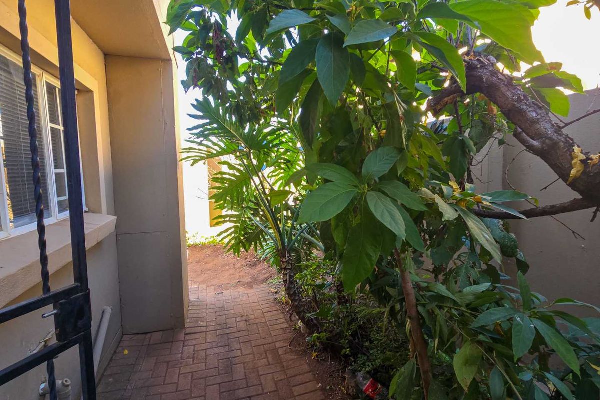 A side pathway featuring paved flooring, a boundary wall, and a security gate, bordered by mature garden vegetation.