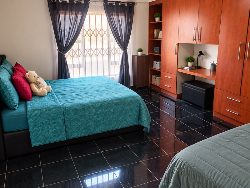 A well-maintained bedroom featuring dark tiled flooring, extensive built-in wooden cabinetry with an integrated desk, and a security gate over the window.