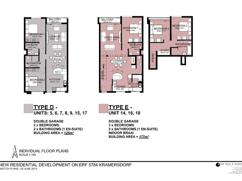 Architectural floor plans for Type D and Type E residential units, detailing room layouts, dimensions, and unit specifications.
