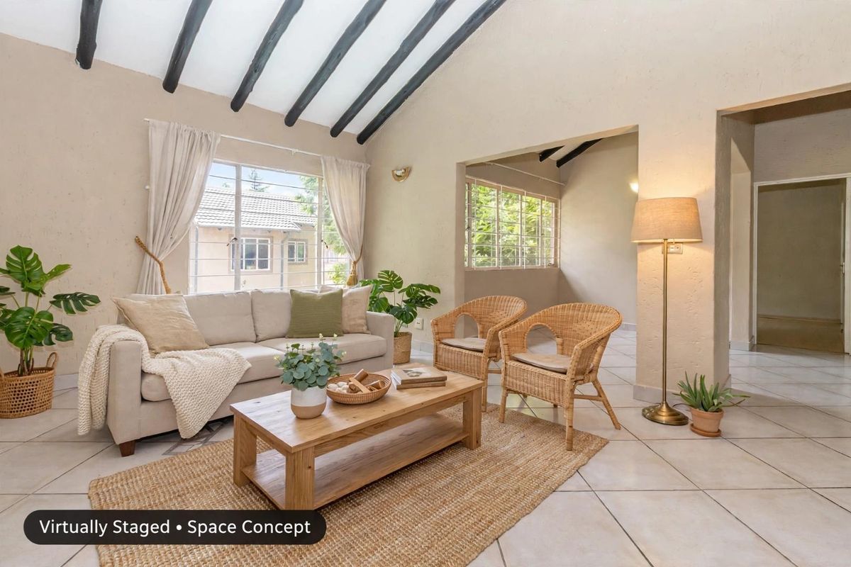 A bright living room featuring a vaulted ceiling with exposed timber beams, tiled flooring, and large windows with security bars.