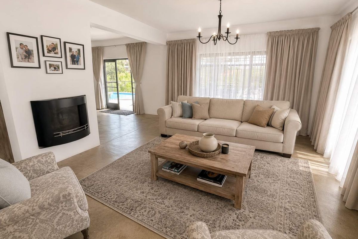 A bright and inviting living room featuring a built-in fireplace, tiled flooring, and direct access to an outdoor patio area.