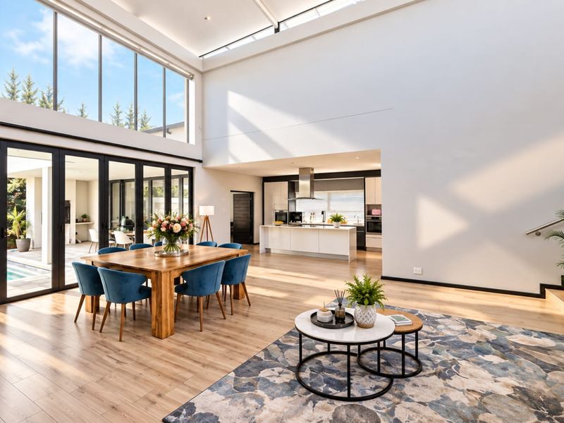 Spacious open-plan living and dining area featuring double-height ceilings, floor-to-ceiling windows, and a modern kitchen with a central island and seamless outdoor flow.