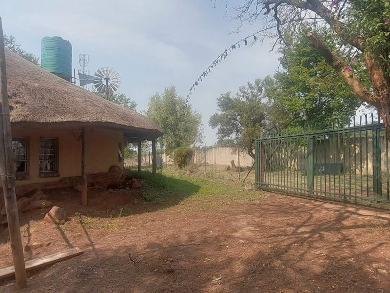 Rear exterior view of a cottage featuring a traditional thatch roof, water tank, windmill, and metal perimeter fencing.