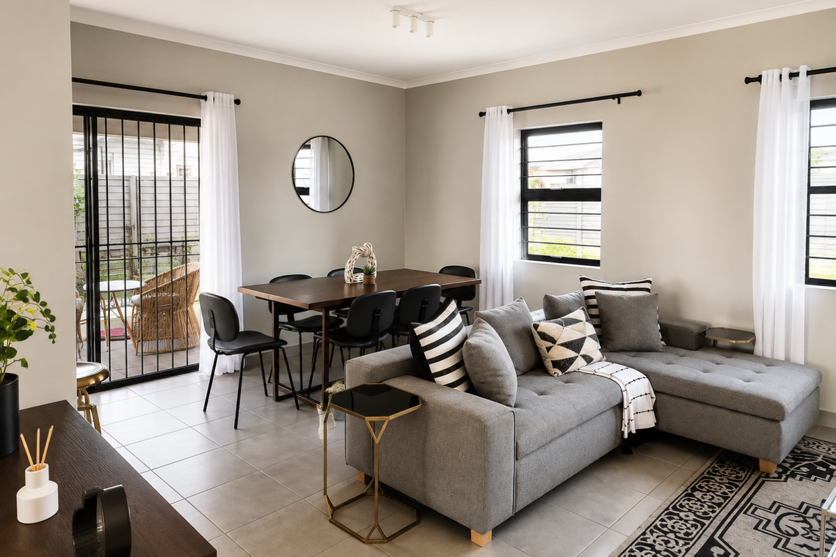 A bright open-plan living and dining area featuring neutral tiled flooring, large sliding doors with security gates, and modern window treatments.