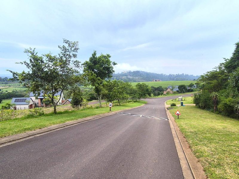 A view of the paved residential street and surrounding landscaped verges within the estate, showcasing the neighborhood approach and local landscape.